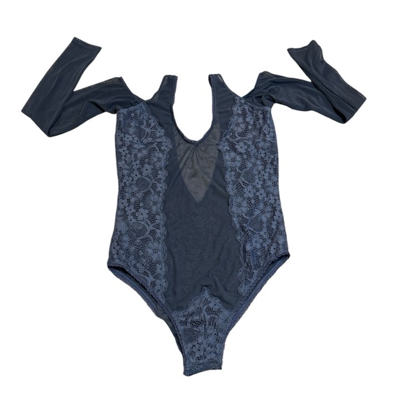 Lace & Sheer Mesh Dusty Blue Women's Bodysuit - Picture 1 of 7